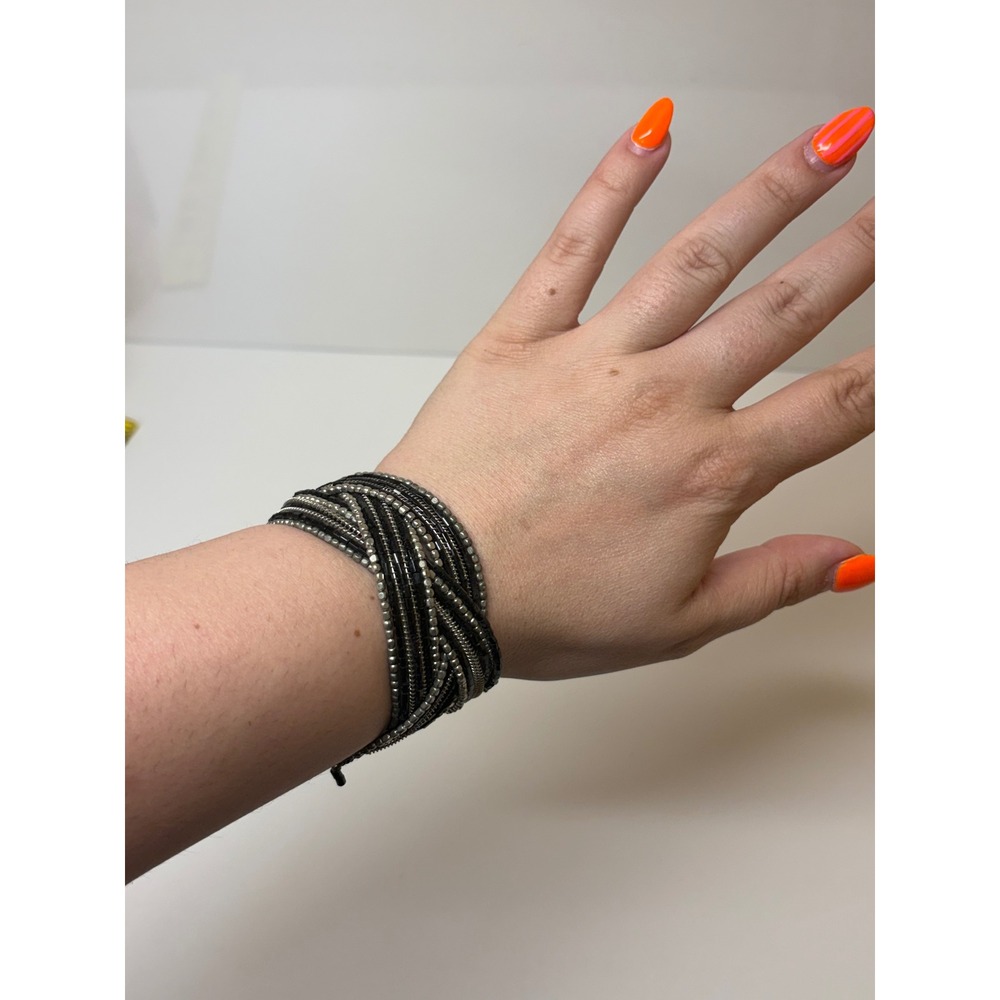 Woven Multistrand Beaded Wrap Cuff Bracelet Black Silver Tone Wide Band